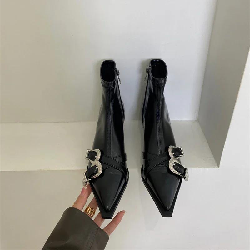 Fashion Designer Pointed Toe Women Ankle Boots Fashion Thick Heel Slimming Short Booties Autumn Winter Female Shoes