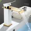 Basin Faucet Gold and Black Waterfall Faucet Brass Bathroom Faucet Bathroom Basin Faucet Mixer Tap Hot and Cold Sink Faucet