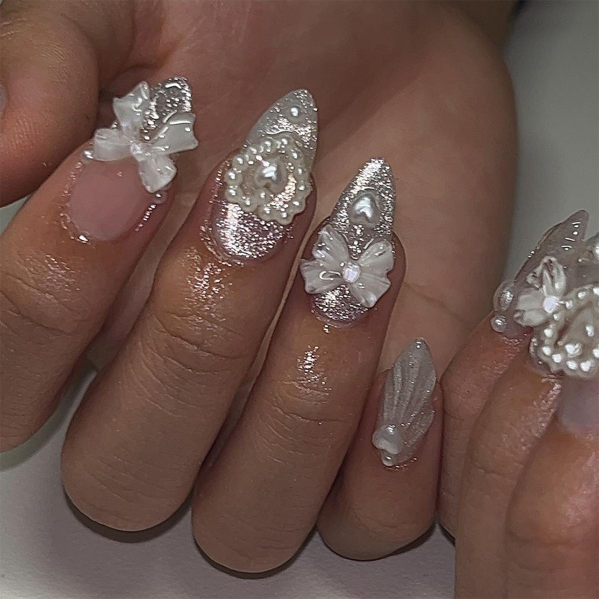 Point diamond three-dimensional bow wearing nail almond French gradual change cat eye manicure fake nail 3D pearl love nail piece