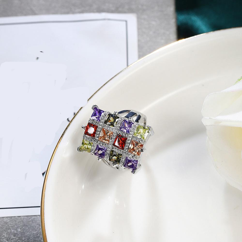 Modischer bunter CZ-Kristall Sterling-Silber Quadratische Breite Party-Fingerring für Damen Hochzeits-Verlobungsringe