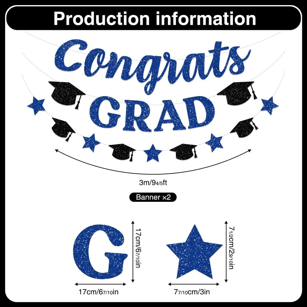 Black and Blue Graduation Party Decorations 2025 Congrats Grad Banner, NO-DIY Graduation Decorations Class of 2025 Congratulations Graduate Banner