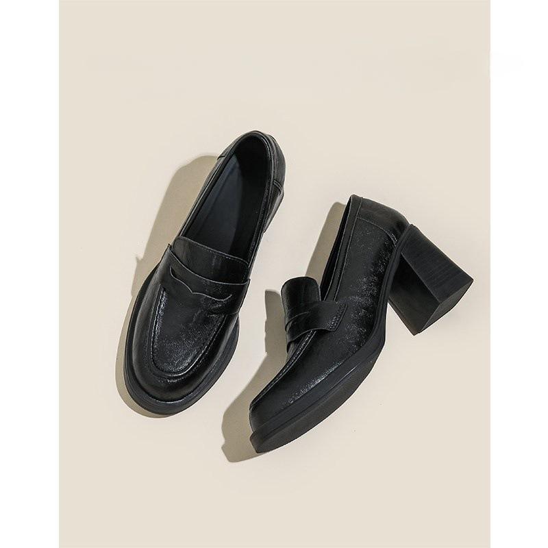 Лоферы на толстом каблуке с мягкой подошвой темпераментные туфли-лодочки на высоком каблуке увеличивающие рост из маленькой кожи для женщин 35 чёрный 3690₽