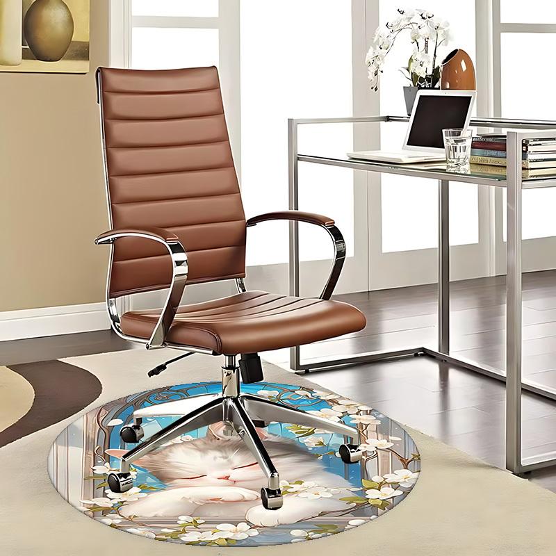 

1pc Anime Design Round Carpet Cute Sleeping Cat with White Flowers Office Chair Mat, Non Slip Rug for Home Decor 80cm