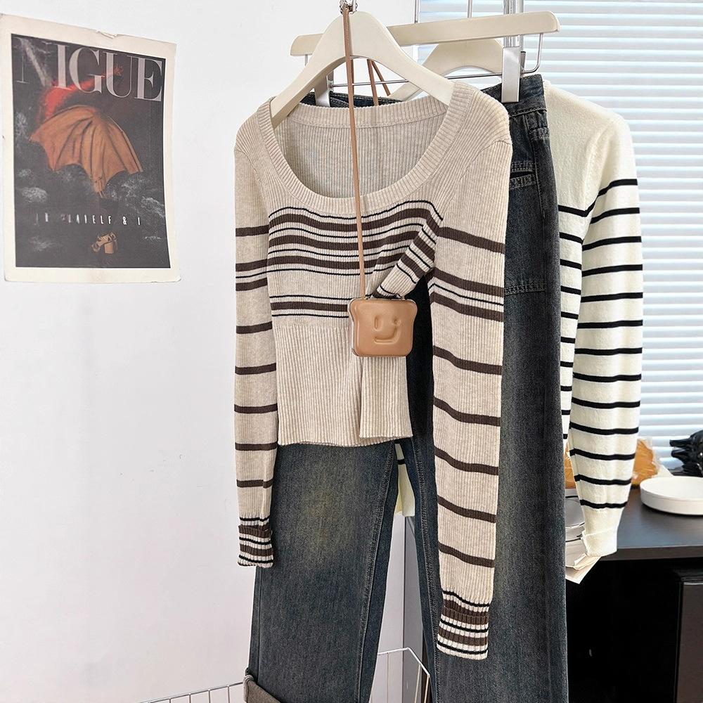 Core-spun yarn washing water, striped square neck front shoulder long-sleeved knitted sweater women's short autumn and winter thin sweater