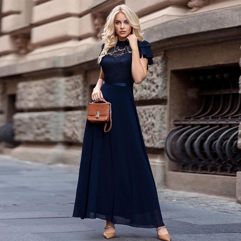 European and American Cross-border 2023 New Autumn Extended Chiffon Dress Lace Celebrity Temperament Party Evening Dress