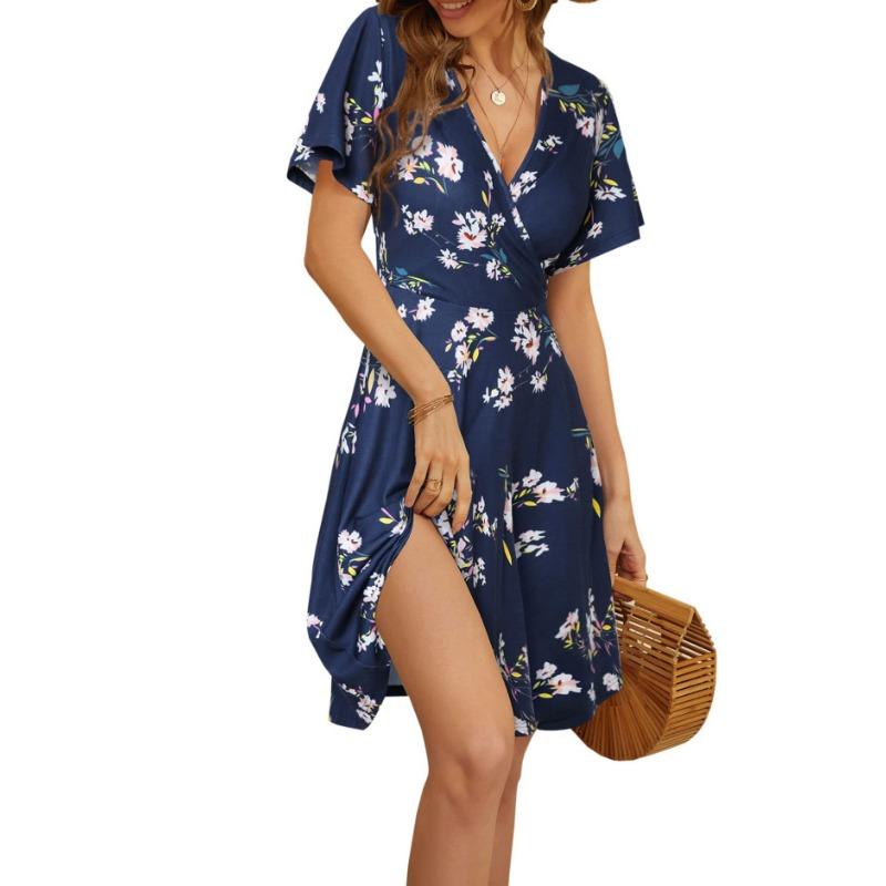Popular, Summer Floral Short Sleeve Wrap V-Neck A Line Midi Dress