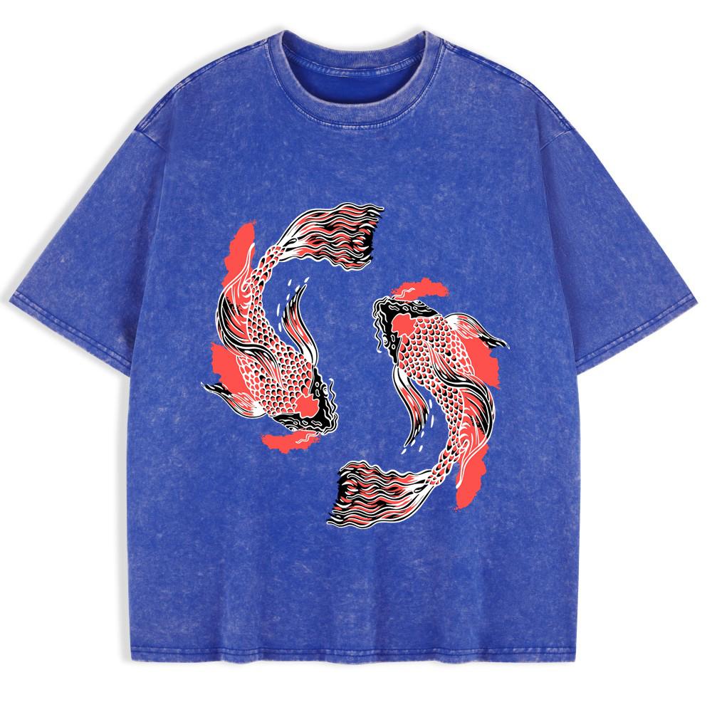 Japanese Koi Harajuku Prints Washed T-Shirts Mens Cotton Short Sleeve Tops Summer Oversize T Shirt Basic Male Clothes