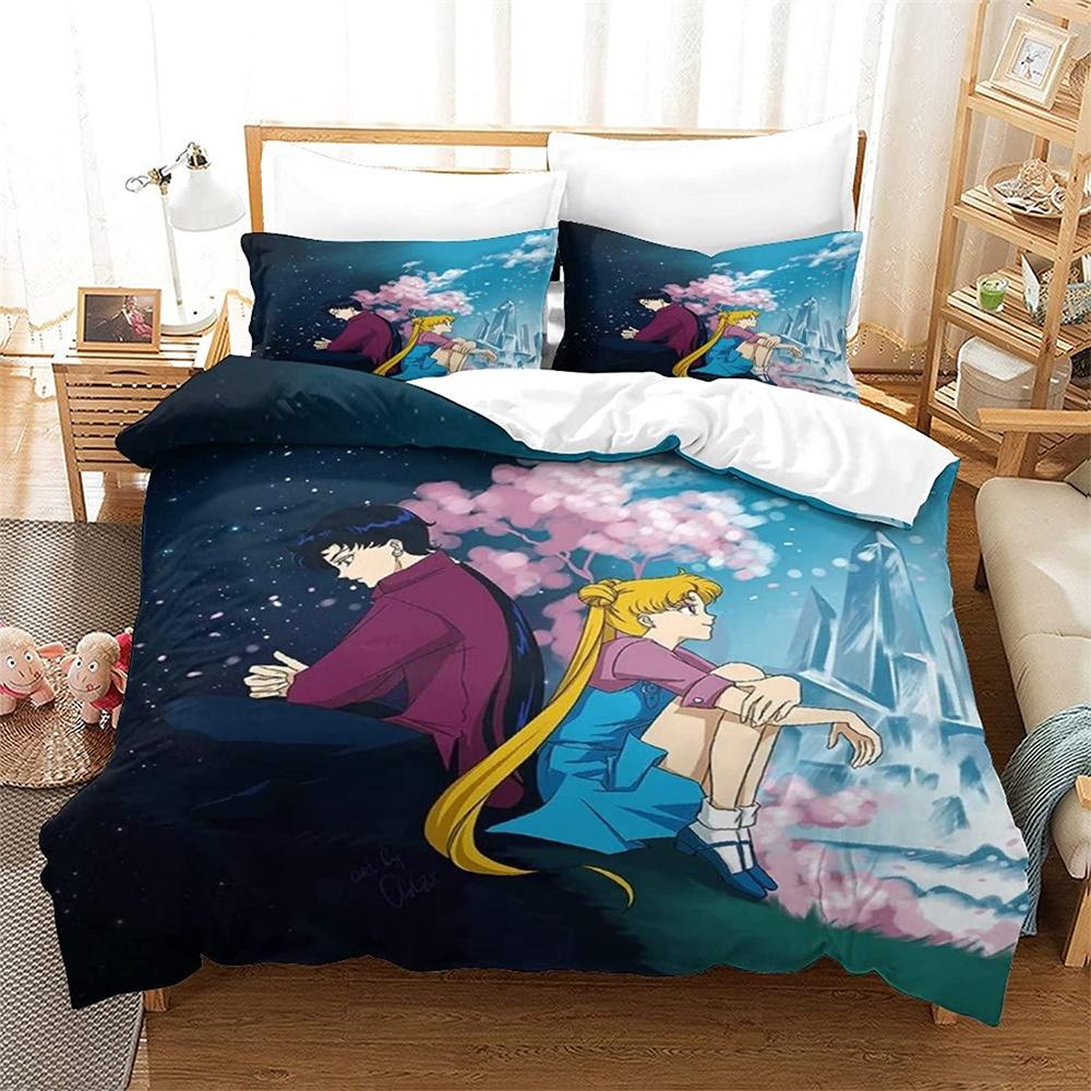 Kreslený S-Sailor-M-Moon Ložní set, Chlapecký a dívčí povlak na přikrývku, povlak na polštář, dárek, Domácí ložnicový quiltový set, Velký King 260x220cm