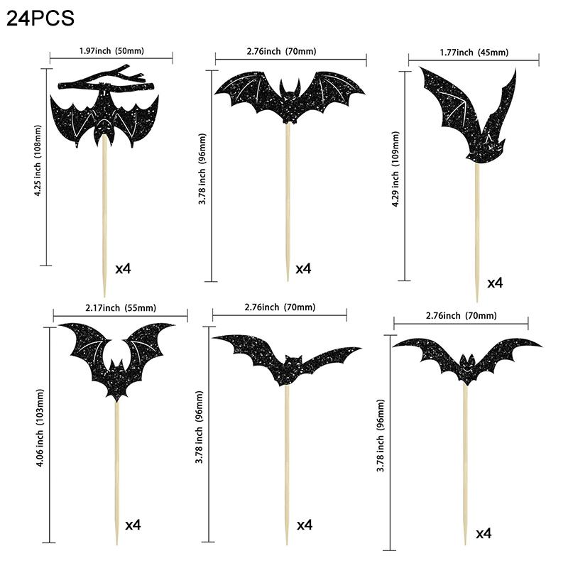 12/24Pcs Halloween Bat Cupcake Topper Black Glitter Bat Cupcake Picks for Kids Halloween Birthday Party Cake Decoration Supplies