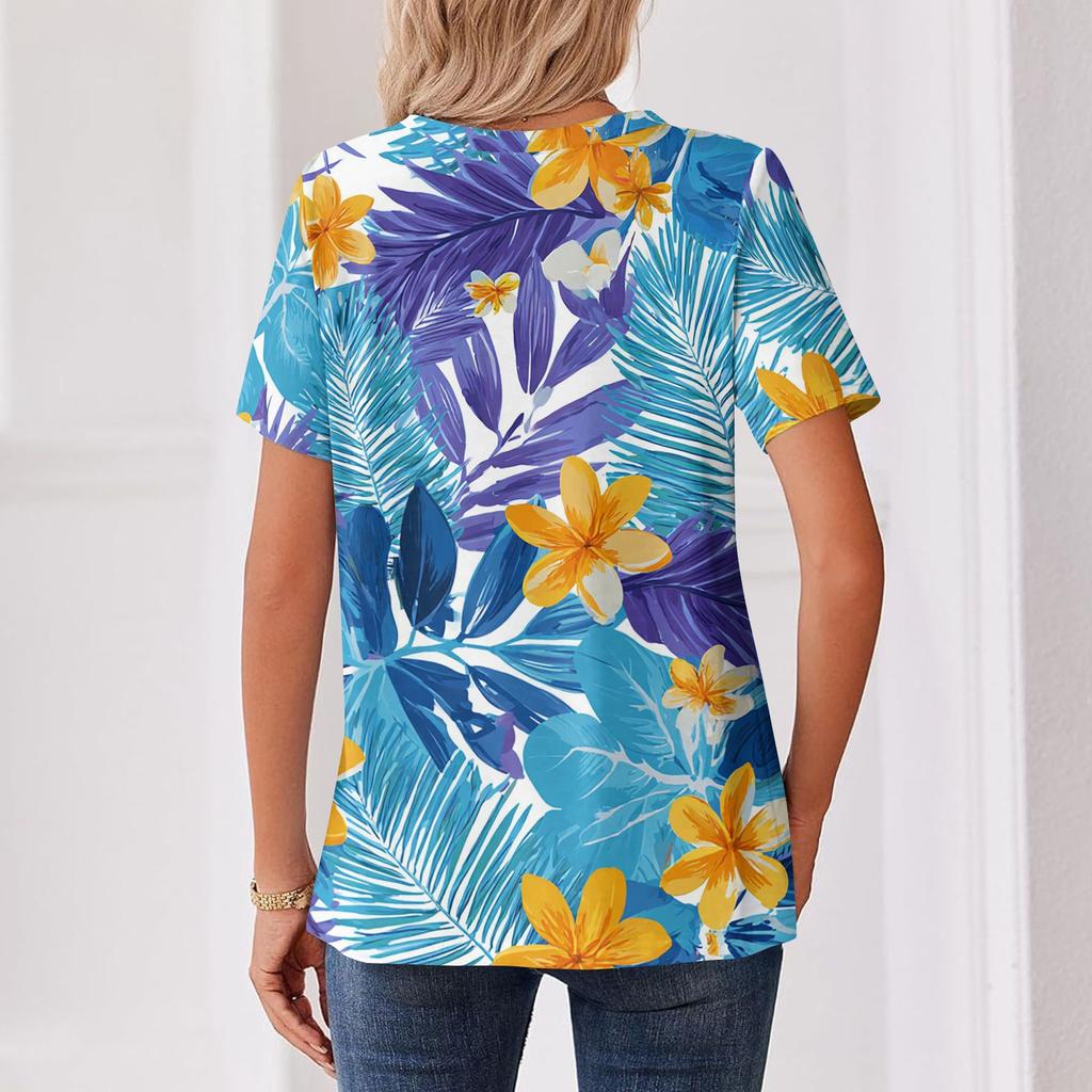 Women's Fashionable Casual Hawaiian Print V-neck Short-sleeved Button-down T-shirt Top
