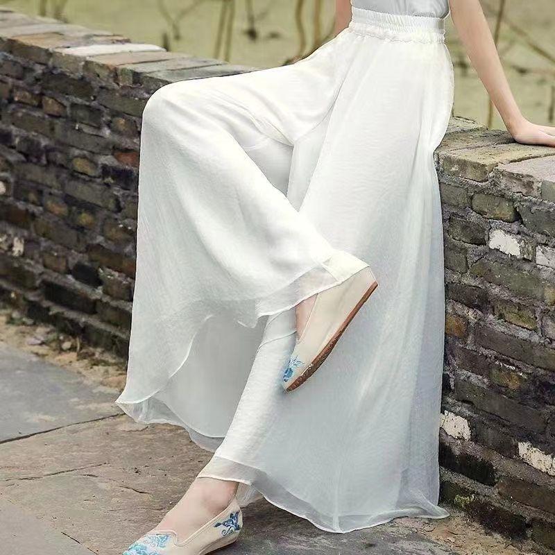 Women's Wide-Leg Chiffon Pants: Flowy, Elastic Waist, Long Cropped Skirt-Pants