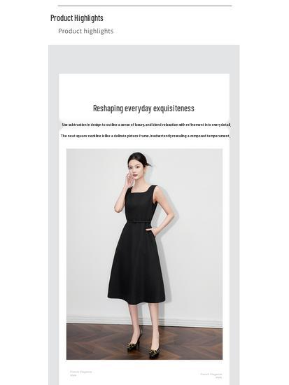 French High-End Square Neck Sleeveless Midi Dress with Waist-Gathering