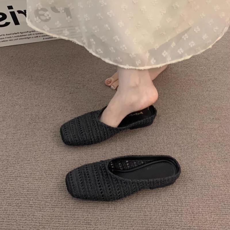 Fashion 2025 Women Mules Slippers Female Summer Flats Sandals Knit Fabric Stretch Slides Holiday Beach Shoes Square Heel Square Toe Flat