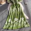 Summer Women Printed Dress V-neck Lace-up Short Sleeved Pleated A-line American Casual Fashion Elegant Female Dresses