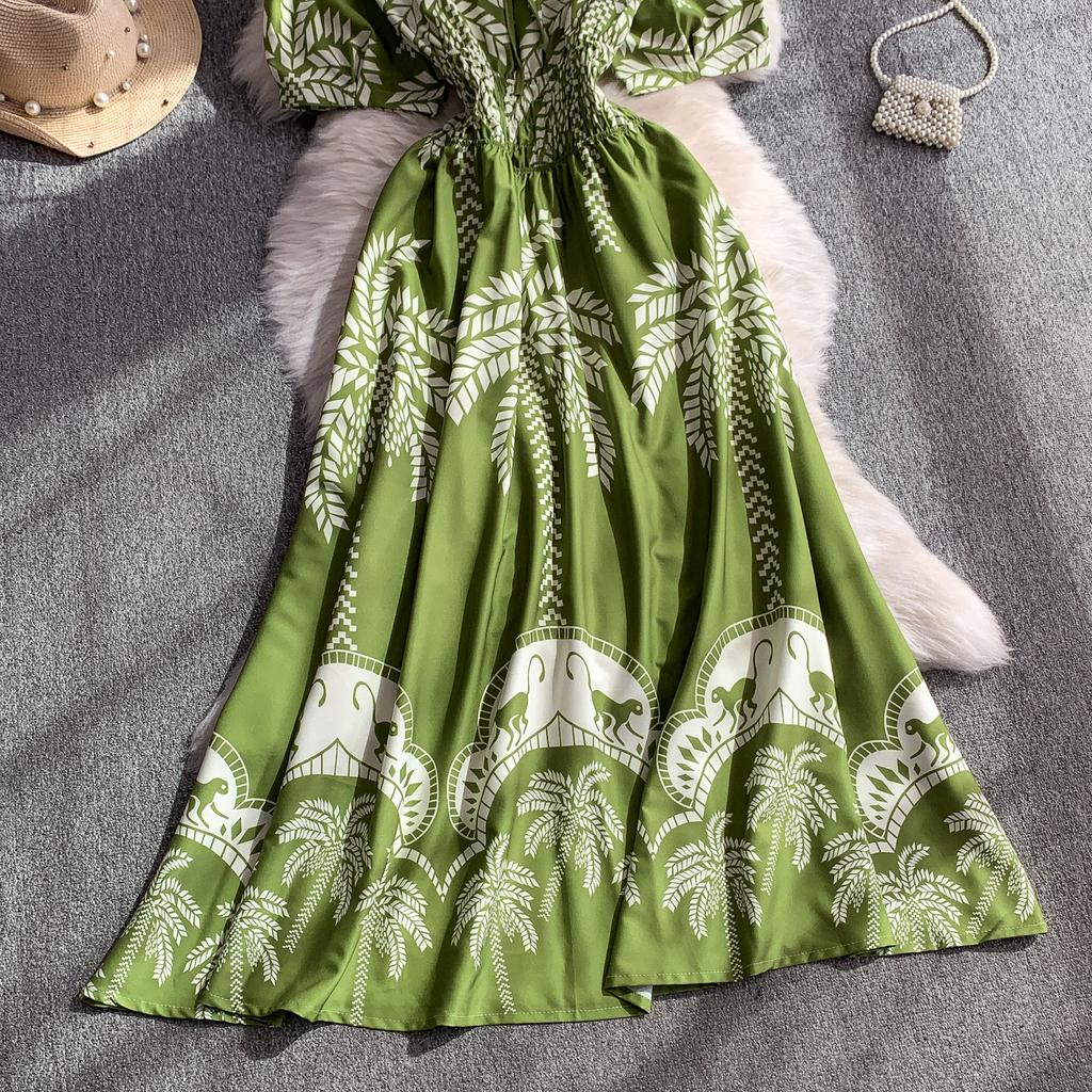 Summer Women Printed Dress V-neck Lace-up Short Sleeved Pleated A-line American Casual Fashion Elegant Female Dresses