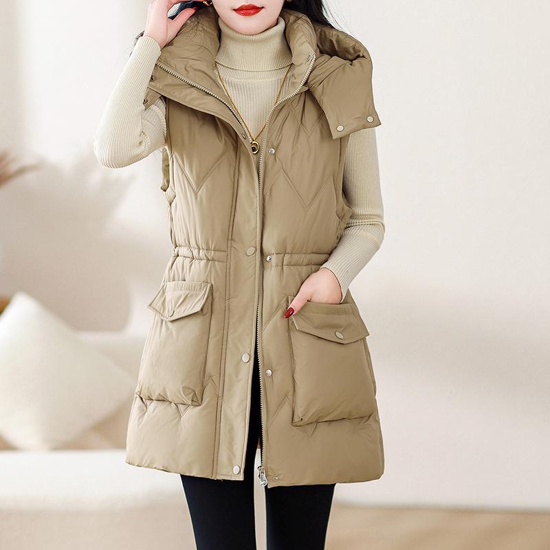 

Down cotton vest women s new autumn and winter warm medium and long thickened hooded vest jacket 3XL шампанского