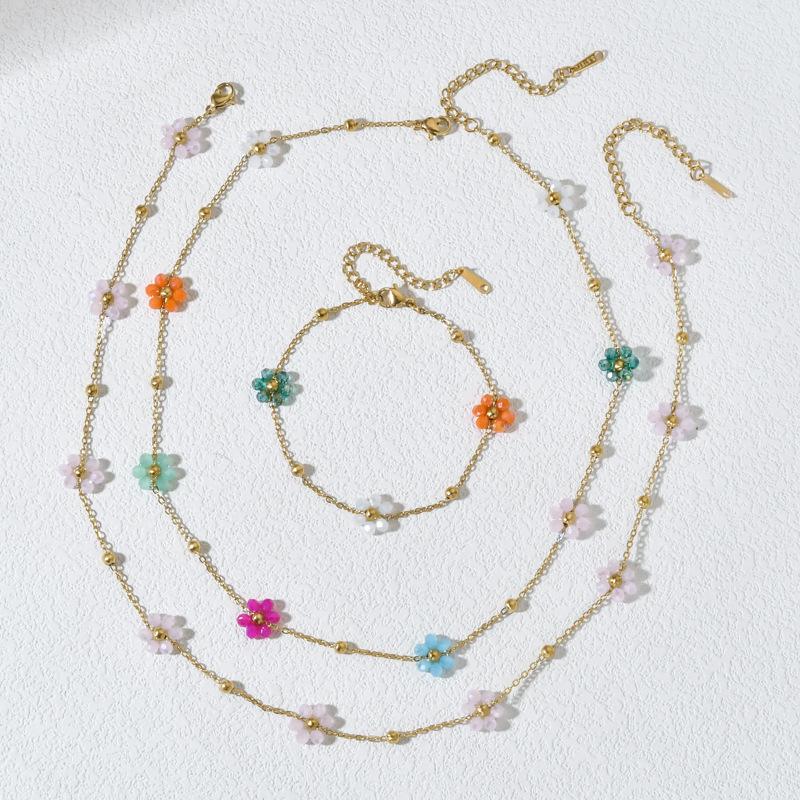 Women Elegant Stainless Steel Crystal Flower O Bead Chain Clavicle Necklace Jewelry