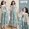Knit Hollow Cardigan Maternity Set: Slimming Long Dress Two-Piece for Summer 2026, Age-Reducing Holiday Style
