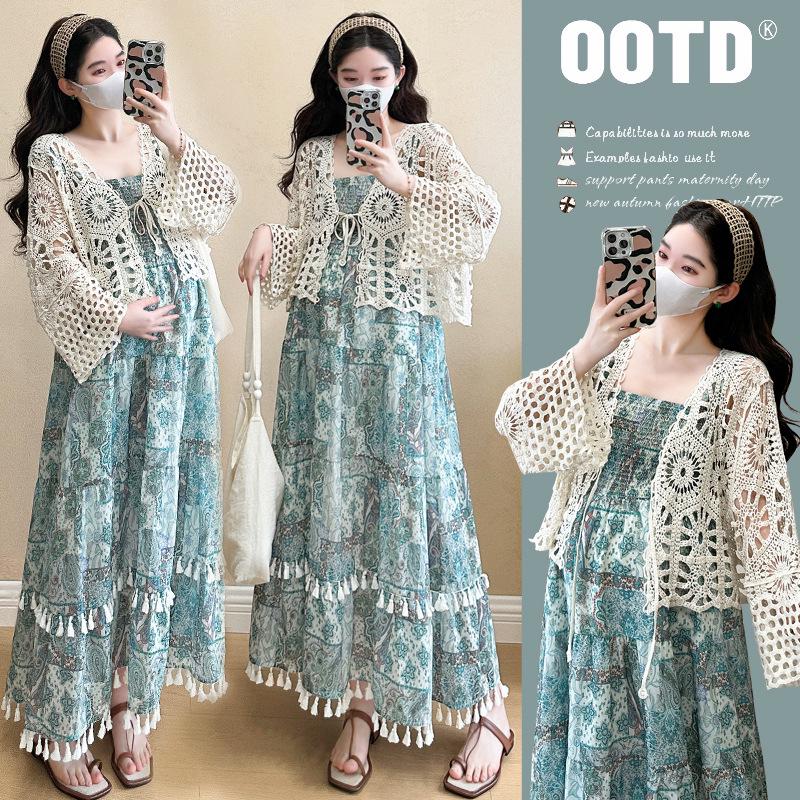 Knit Hollow Cardigan Maternity Set: Slimming Long Dress Two-Piece for Summer 2026, Age-Reducing Holiday Style