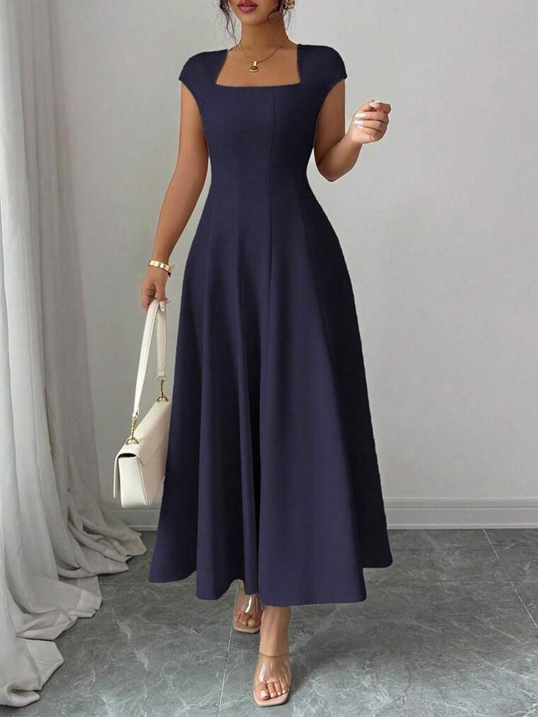 European & American Style Women's Square Neck Short Sleeve Long Dress