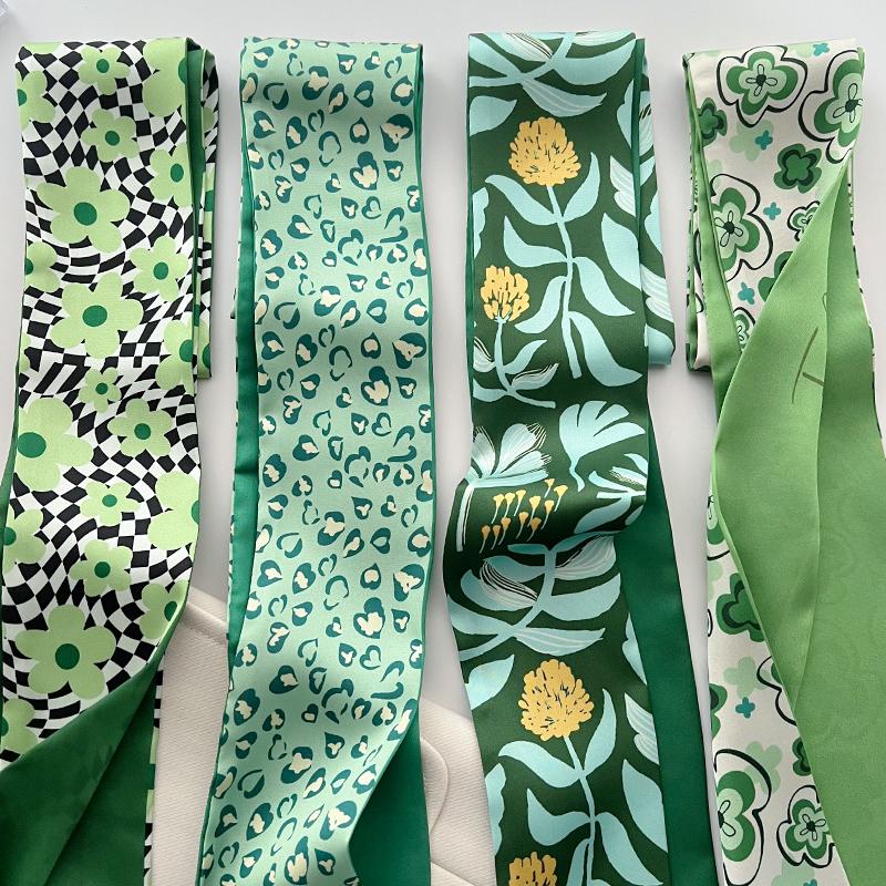 White Fresh Green Soft Small Silk Scarf Female Korean Ins Spring and Summer New Streamer Long Headband Printed Scarf