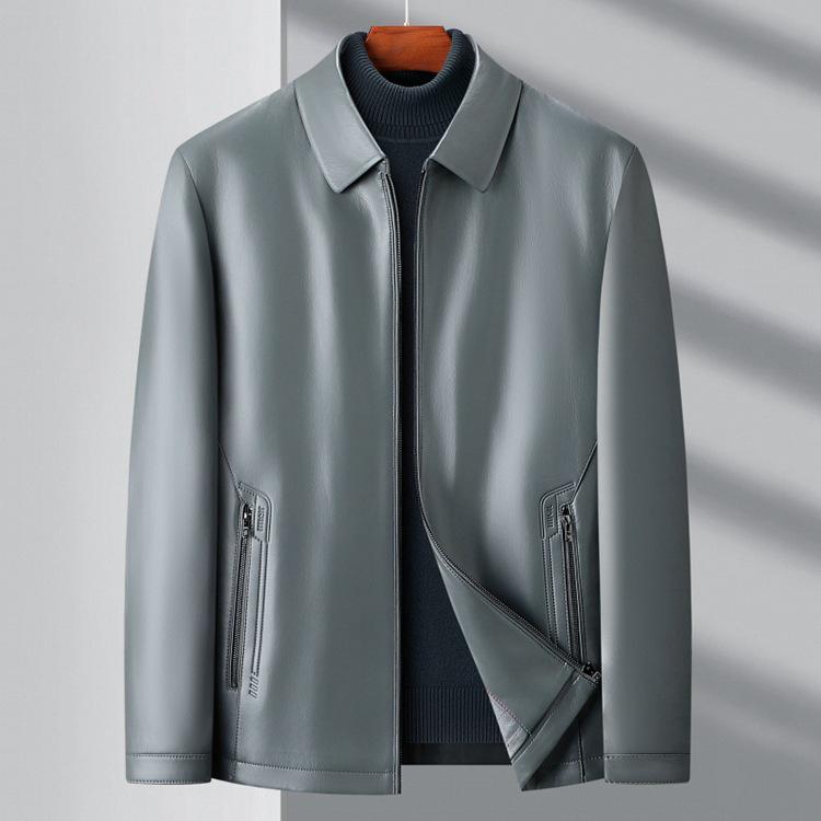 Men's Versatile Sheepskin Leather Jacket: 2025 Spring/Autumn, Middle-Aged Dad Lapel Motorcycle Style