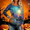Women's Casual Long Sleeve T Shirt Pleated Round Neck Halloween Pumpkin Print Top Lightweight Comfortable Fit