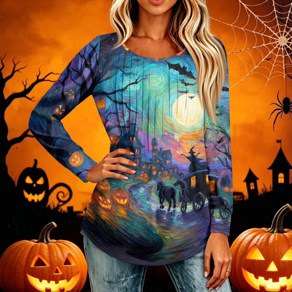 Women's Casual Long Sleeve T Shirt Pleated Round Neck Halloween Pumpkin Print Top Lightweight Comfortable Fit