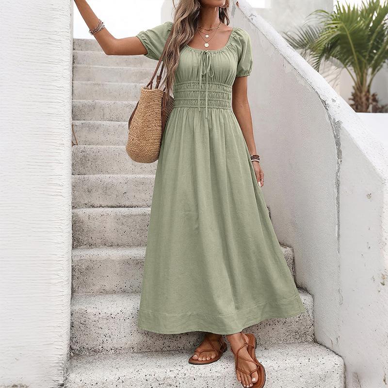 Women s Summer Square Neck Puff Sleeve Dress Casual Boho Shirred Waist Flowy Tie Front Midi Dresses for Vacation S