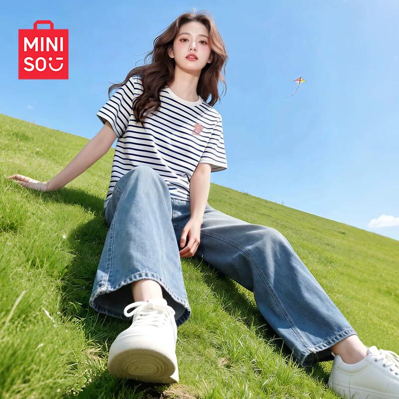 

MINISO Women s Pure Cotton Striped Loose-Fit Short Sleeve T-Shirt XL