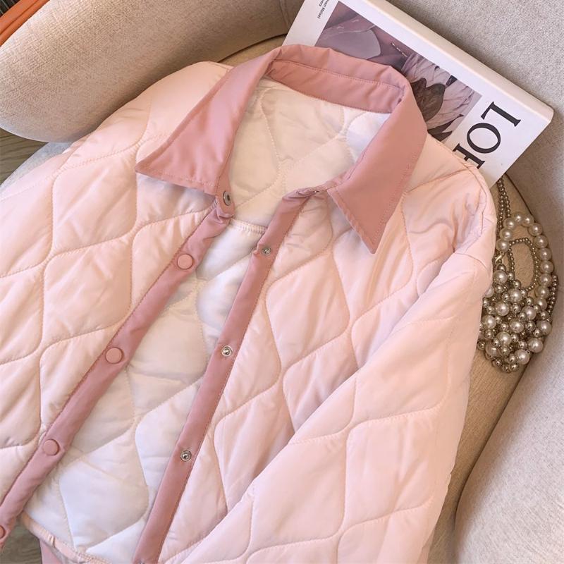 Cappotto Corto Imbottito in Cotone Caldo Autunno Inverno da Donna con Collo a Revers Trapuntato a Rombi Colore a Contrasto Stile Coreano Stile Delicato Capospalla