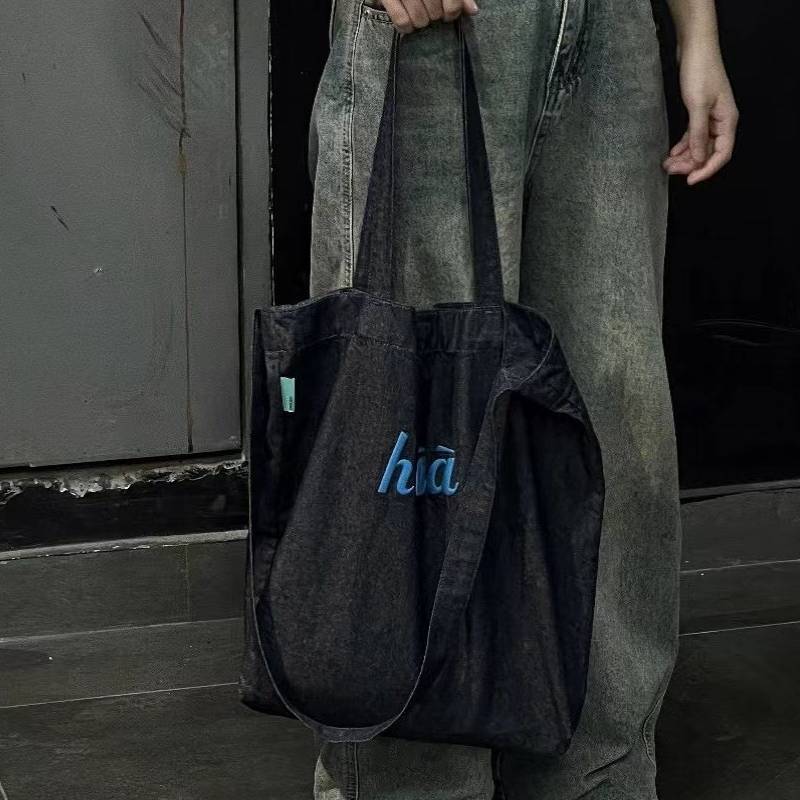 Solid Color Denim Tote Bag With Embroidery For Casual Daily Use