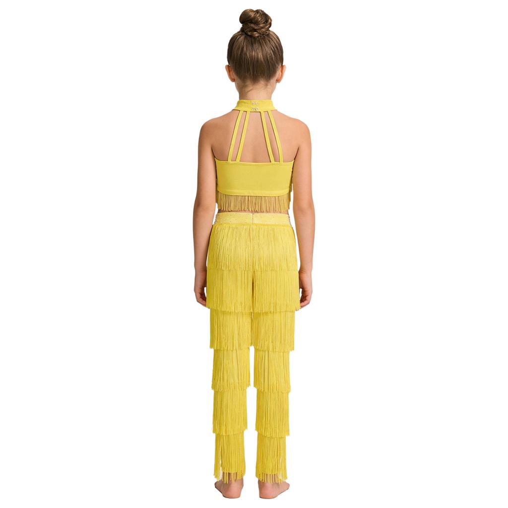 Children‘s Latin Dance Outfit Sleeveless Back Straps Crop Top Layered Tassels and Matching Elastic Waist Fringe Pants for Salsa Competition