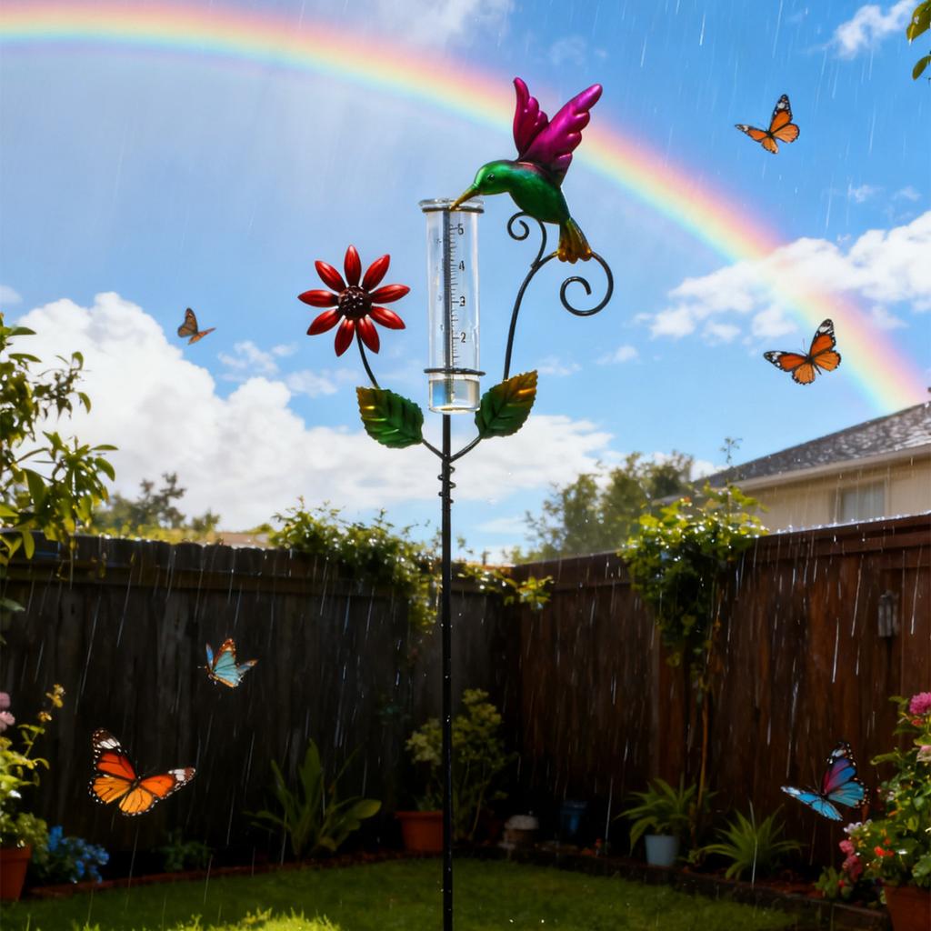 Verbessert Borosilikatglas-Regenmesser mit künstlerischem Kolibri-Design & Starkem Eisenrahmen Einfach zu bedienen für den Garten