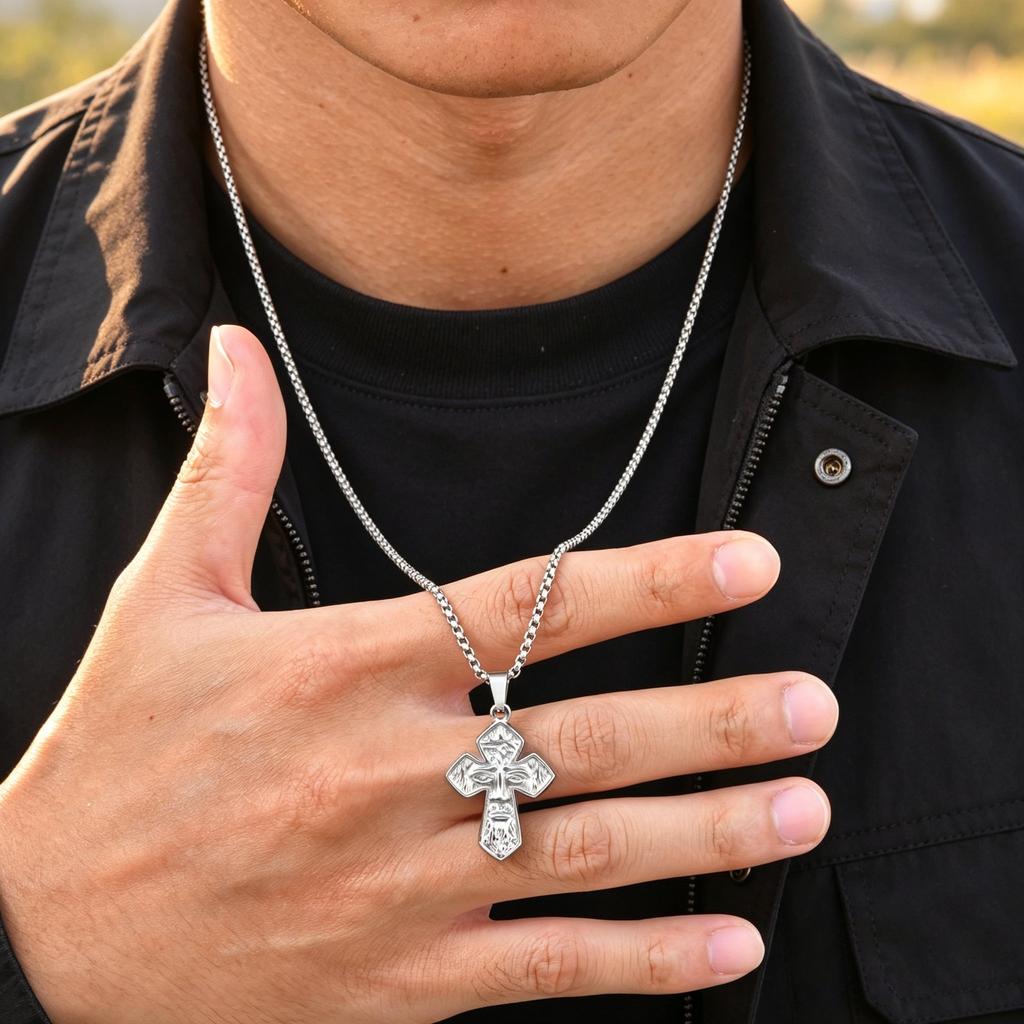 Jesus Face Cross Necklace for Men,Stainless Steel Christian Religious Pendant with Box Chain,Vintage Faith Hip‑Hop Jewelry Gift