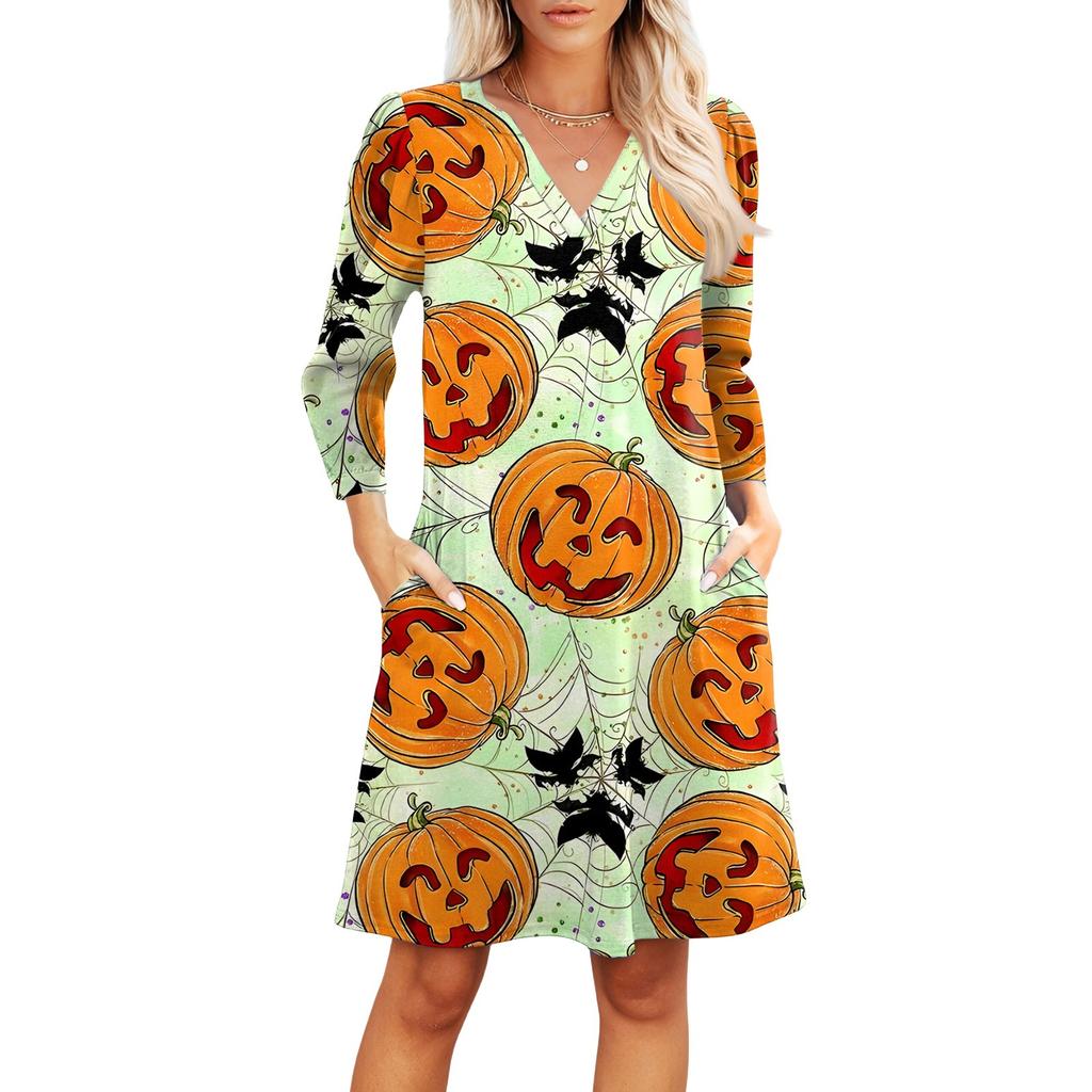 Damenmode V-Ausschnitt Lässiges Strandkleid Dreiviertelärmel Halloween-Print Kleid