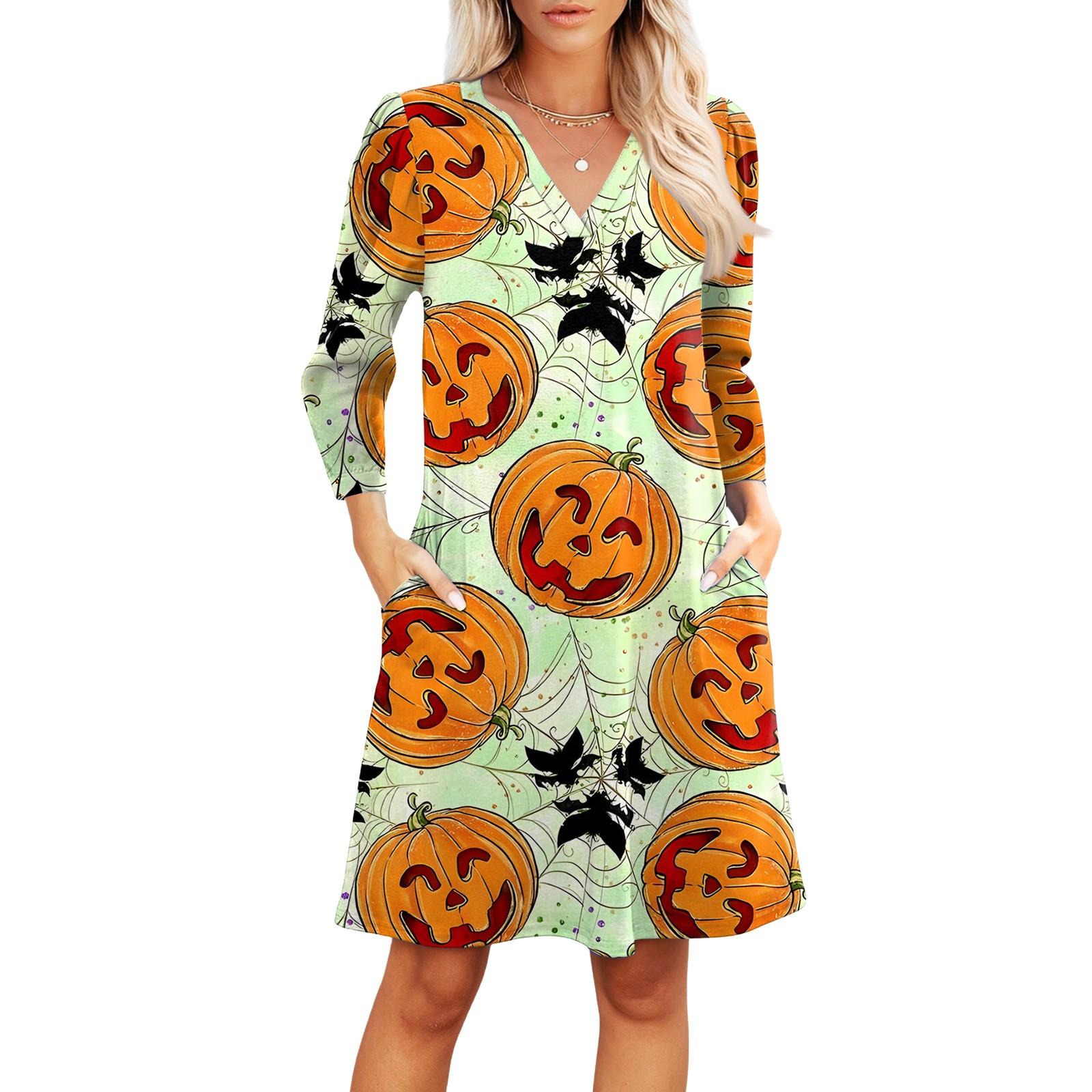 

Women s Fashion V-neck Casual Beach Dress Three-quarter Sleeves Halloween Print Dress L
