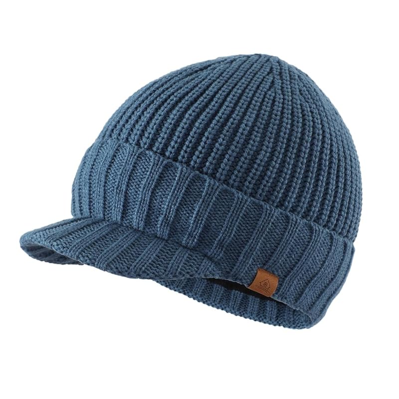 

[Connectyle] Knit Casquette men s outdoor winter thick knit hat with brim unisex Fleece lining knit hat Cold protection air force blue
