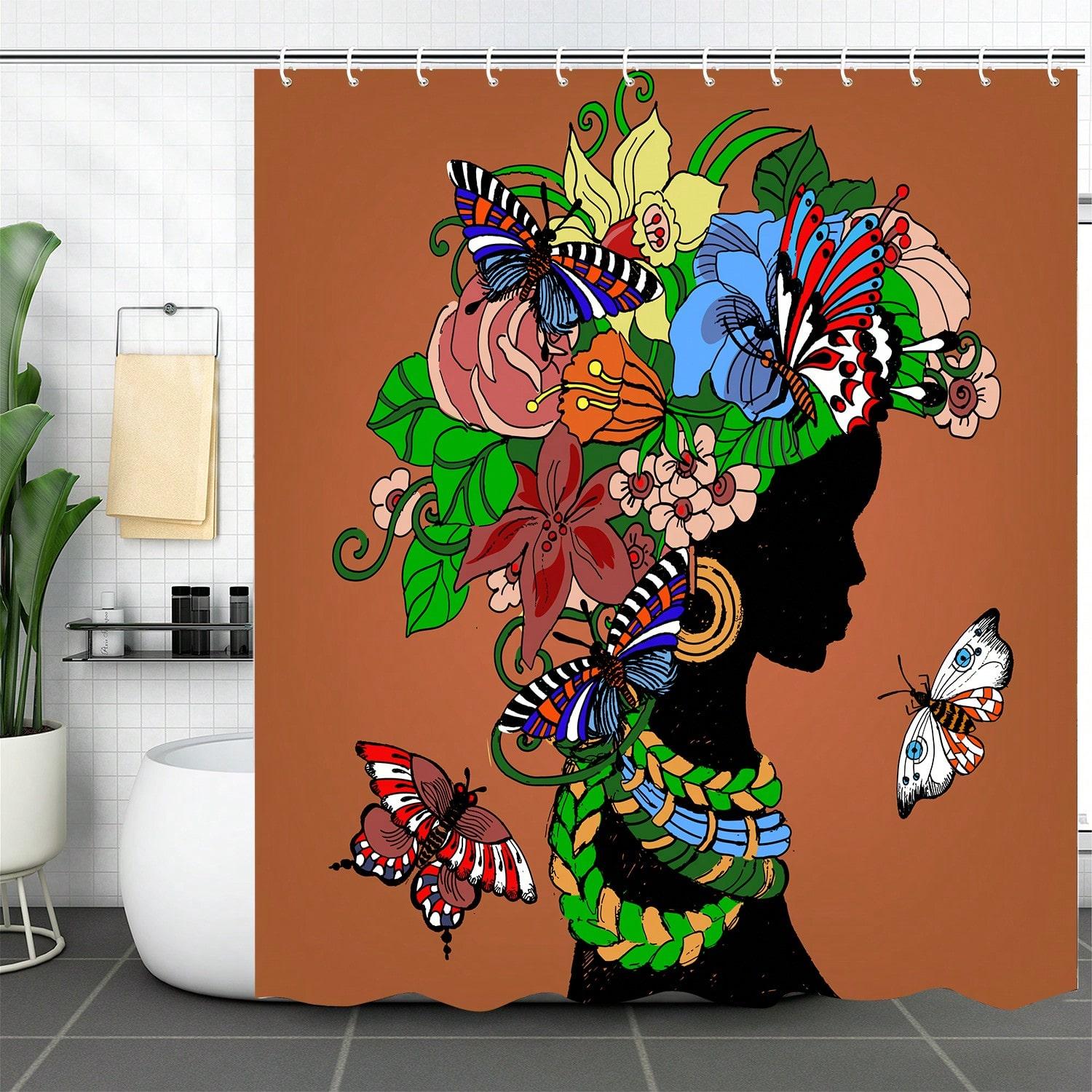 

African Woman Shower Curtain, Afro American Girl Shower Curtains Funny Fabric Shower Curtain Abstract Art Modern Set Watercolor W90XH180cm