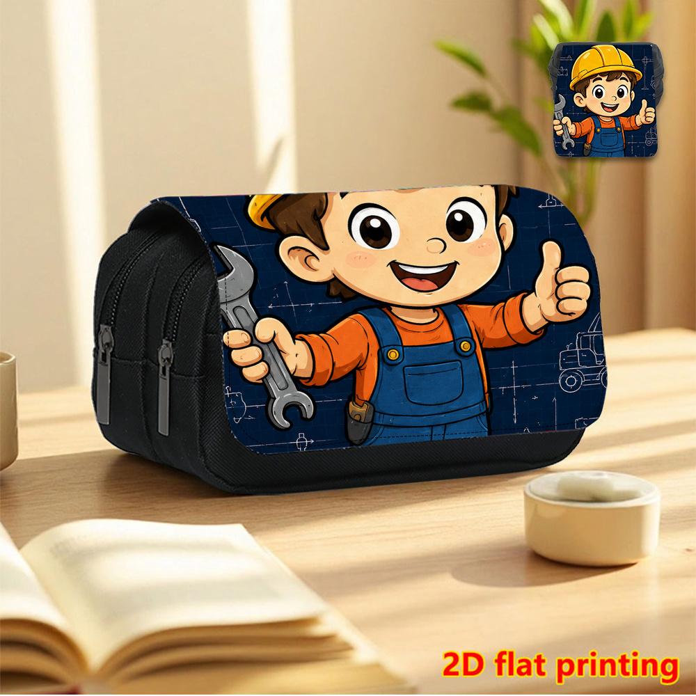 Cartoon Repairman 2D Printed Double-Layer Flip-Top Black Pencil Case - Back-to-School Essential Pencil Box, Daily Multi-Functional Makeup Bag, Large-C