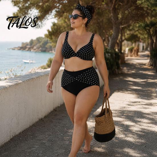 Vintage Style Swimsuit 2Pcs/Set Plus Size Bikini Set, Cross-Chest V-Neck Bra with Built-In Support, Photogenic Beach Outfit High-Waisted Twist