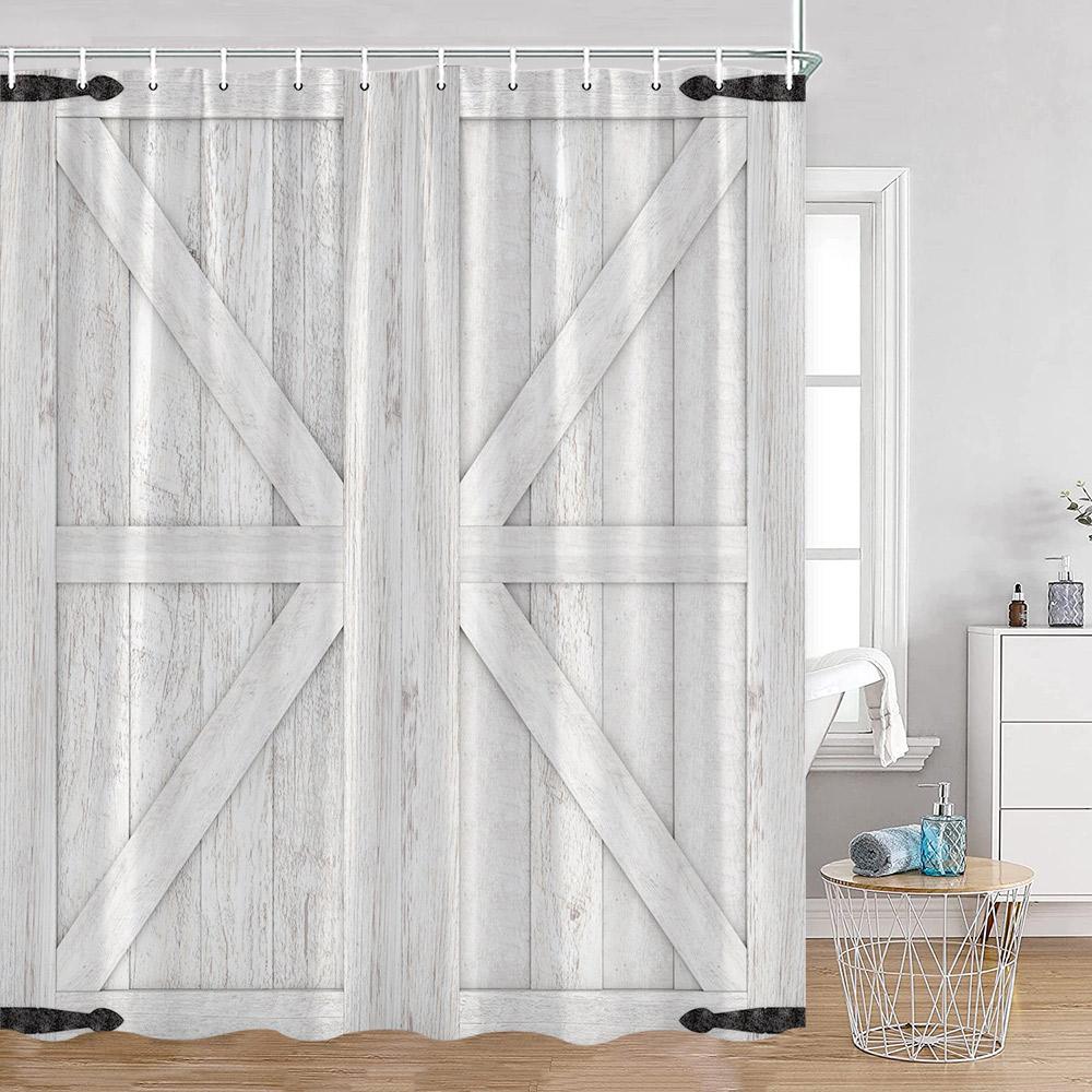 Rustic Barn Door Shower Curtains Grey White Brown Wooden Board Vintage Farmhouse Decorative Polyester Fabric Bathroom Curtains