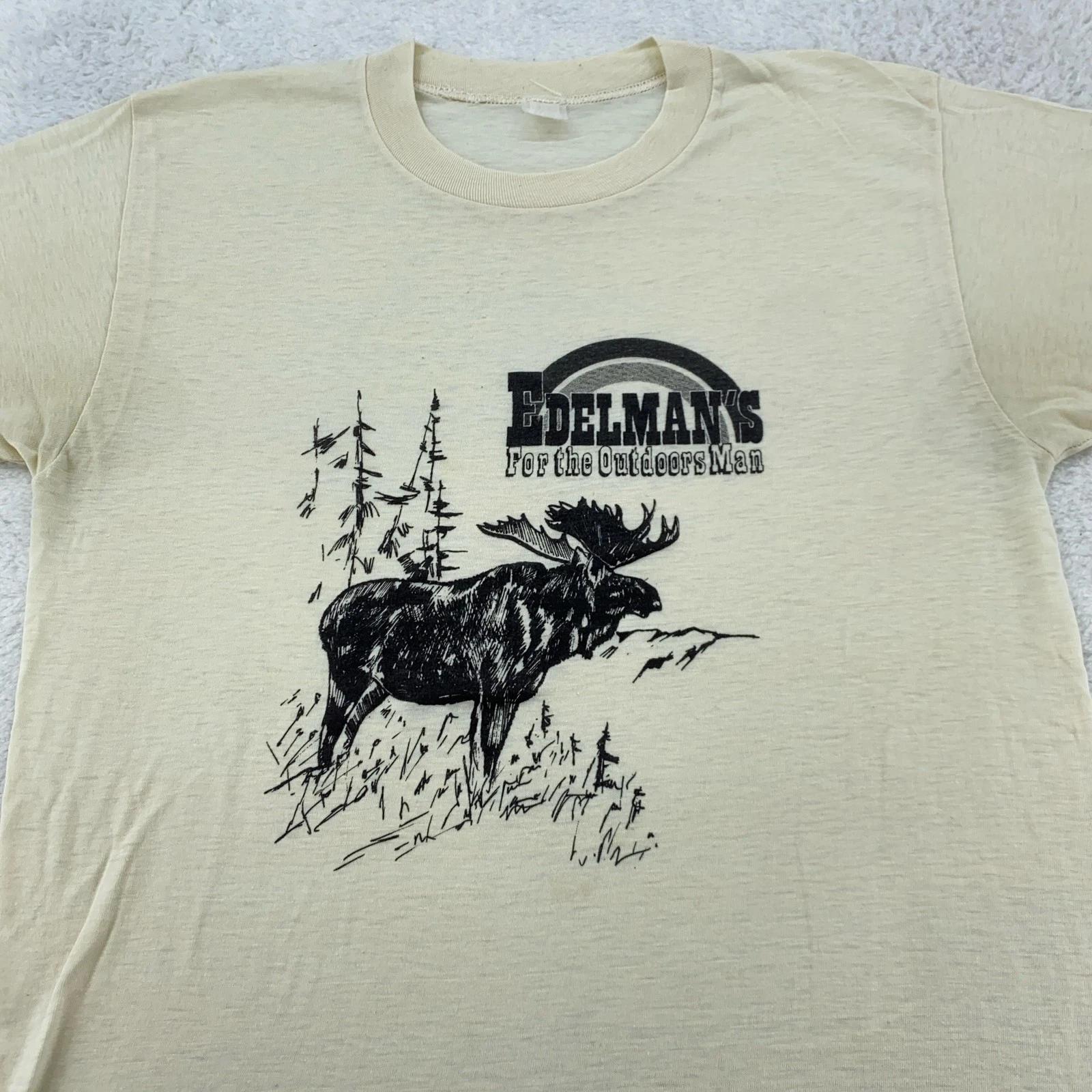 

Vintage Edelman’s Shirt Mens Small Beige Outdoors Moose Graphic Tee 80s Nature L