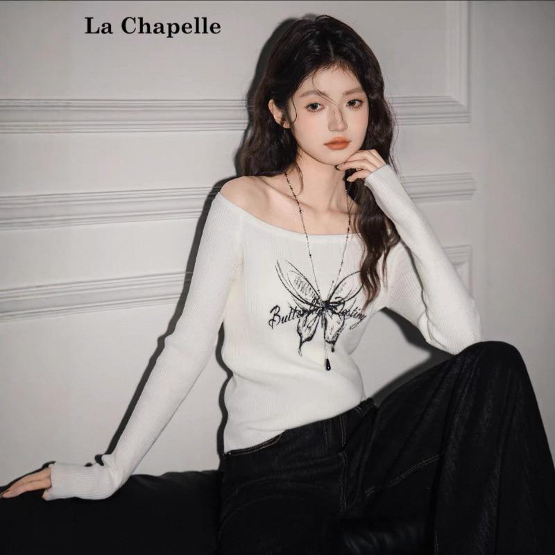 Off-shoulder butterfly printed knitted sweater women's spring and autumn new design sense slim-fitting Spice girl inner bottoming shirt top