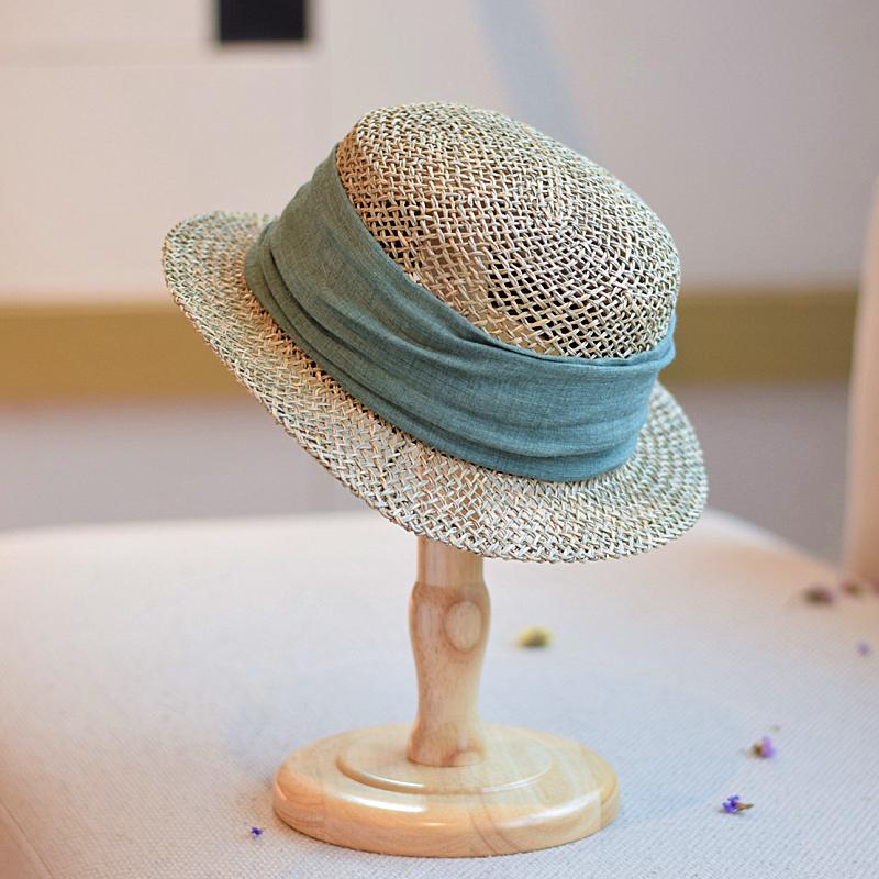 Zealous Sole Women's Green French British Retro Seaweed Woven Hollow Straw Top Hat Summer Small Brim Short Brim Flat Top Straw Hat Beach Hat 56-58Cm