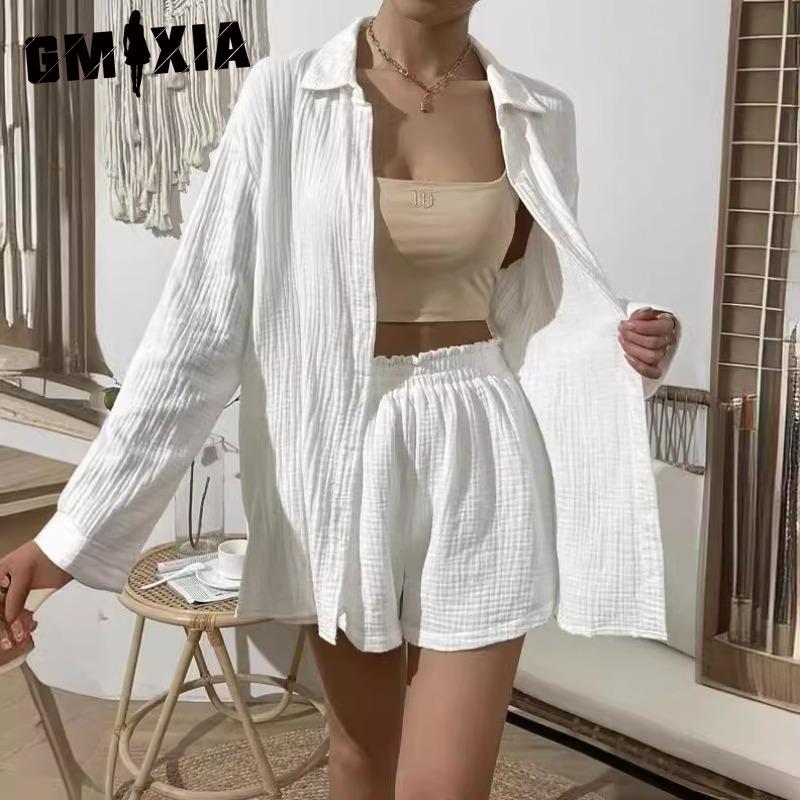 GMXIA Women's Spring and Summer Fashion Solid Colour Long-sleeved Shirt Suit Women Casual Loose Shorts Two-piece Set