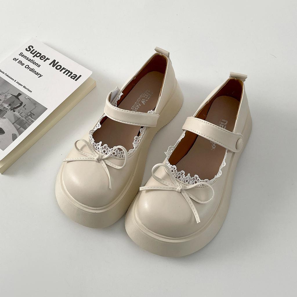 Fashion Fashion Black Beige PU Leather Women's Mary Jane Shoes Thick Bottom Bowknot Lace Decor Ladies Pumps Elegant Lolita Platform Shoe