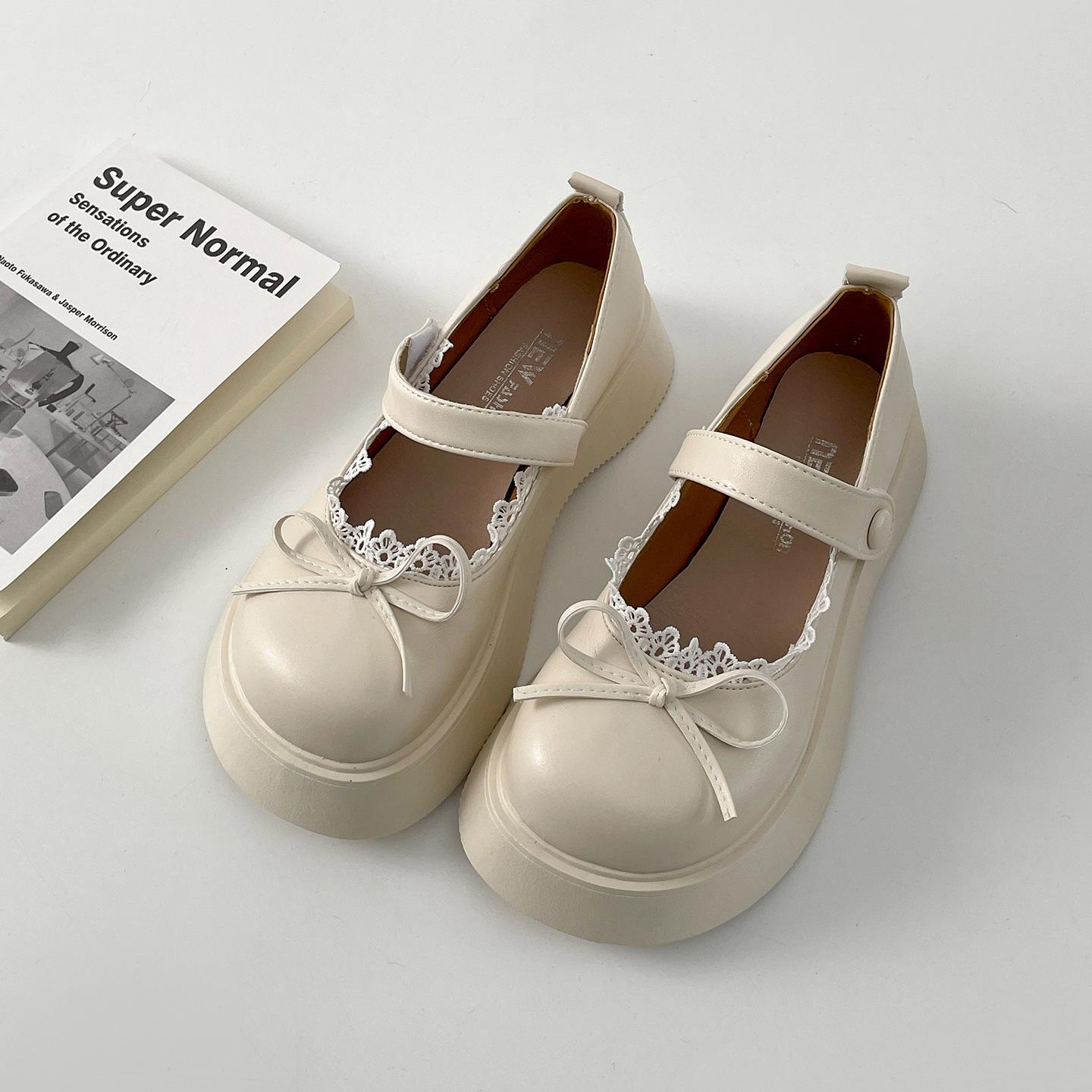 

Fashion Fashion Black Beige PU Leather Women s Mary Jane Shoes Thick Bottom Bowknot Lace Decor Ladies Pumps Elegant Lolita Platform Shoe 39 бежевый