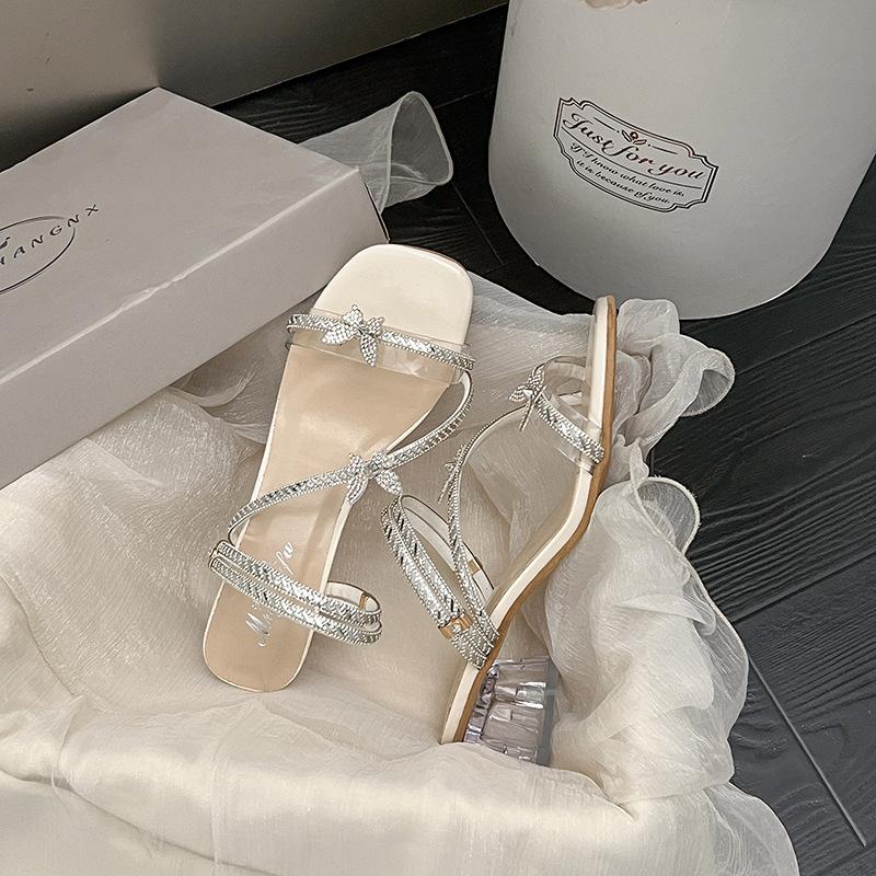 

Transparent cool slippers summer new wear thick heel fashion versatile bow sandals women 40 бежевый