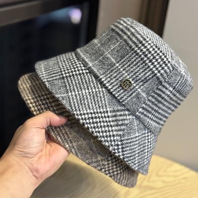 Retro Plaid Fisherman Hat Women's Autumn and Winter British Style Warm Basin Hat Showing Face Small Versatile Woolen Hat